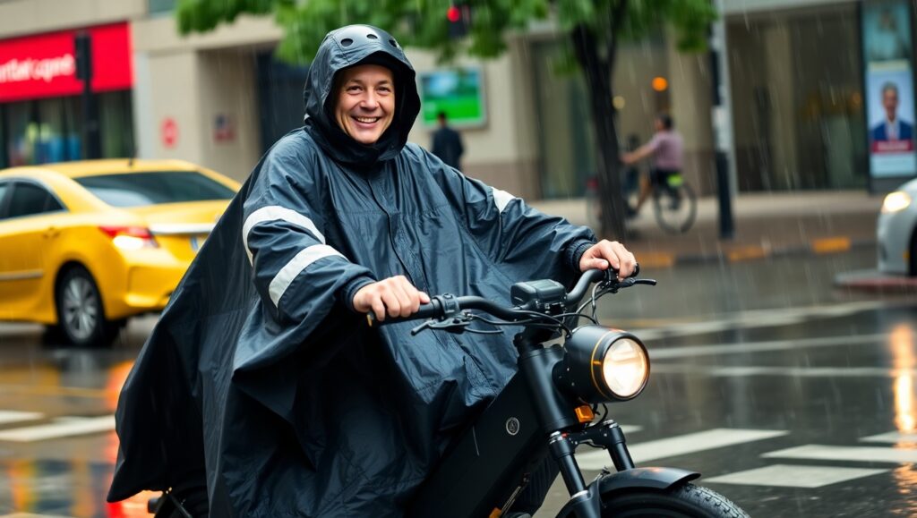 A person riding an electric bike in the rain, wearing a waterproof rain cover, smiling confidently.