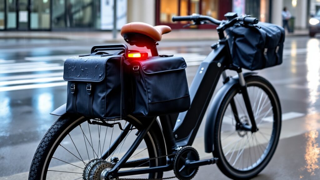 An electric bike with waterproof panniers, LED lights, and a battery cover, parked in a rainy setting.