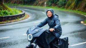 A person riding an electric bike in the rain, wearing a waterproof rain cover, smiling confidently.